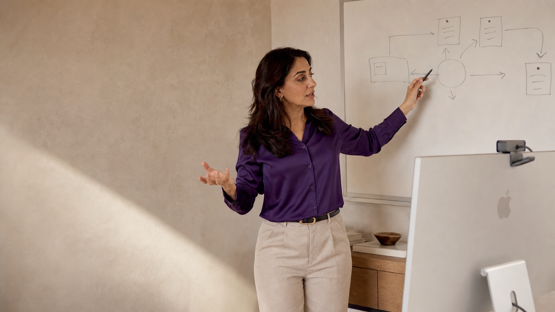 A woman in a purple blouse leads a work presentation while an external camera on her Mac keeps the shot.