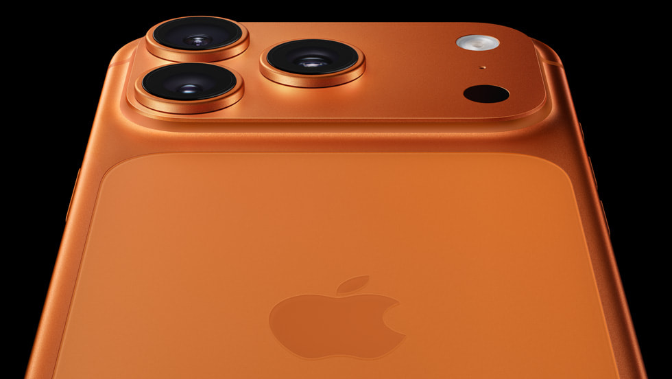 Apple's official close-up of the iPhone 17 Pro rear camera plateau with three lenses, flash, microphone and LiDAR scanner.