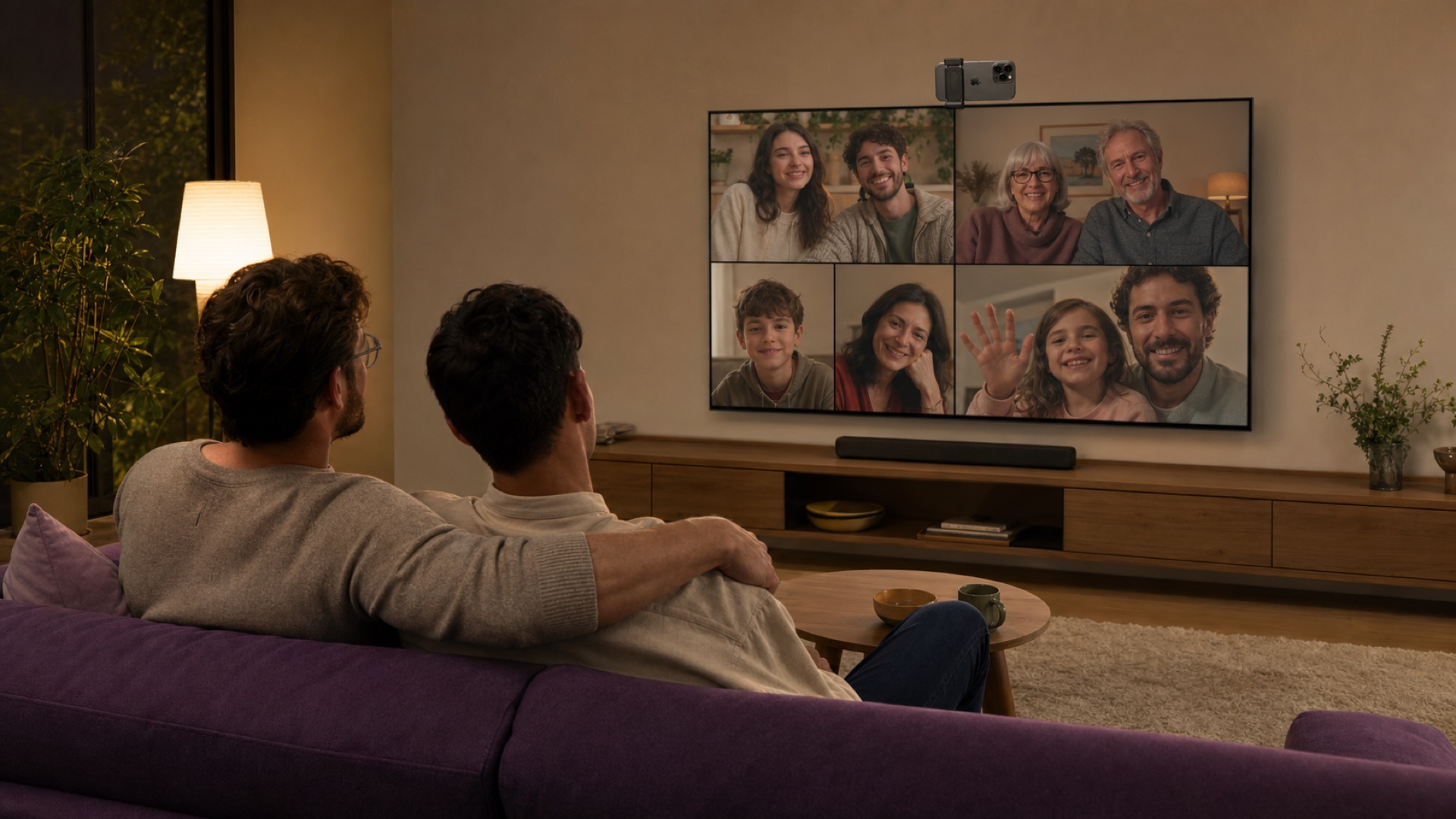 Two men on a purple sofa watching a family video call while an iPhone above the television faces its rear cameras towards them.