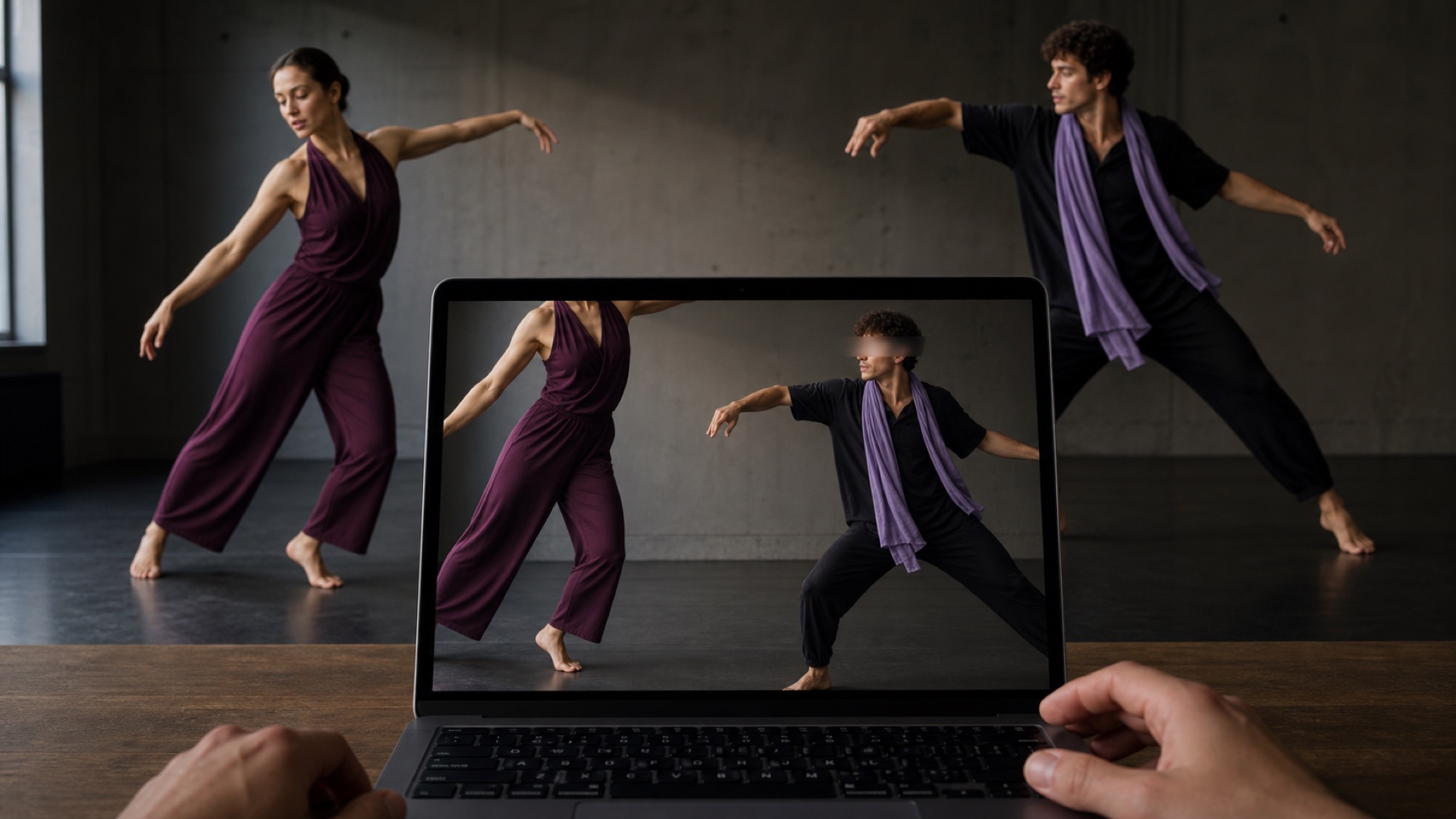 A woman and man performing behind a Mac whose matching PEEKin feed applies two different face privacy treatments.