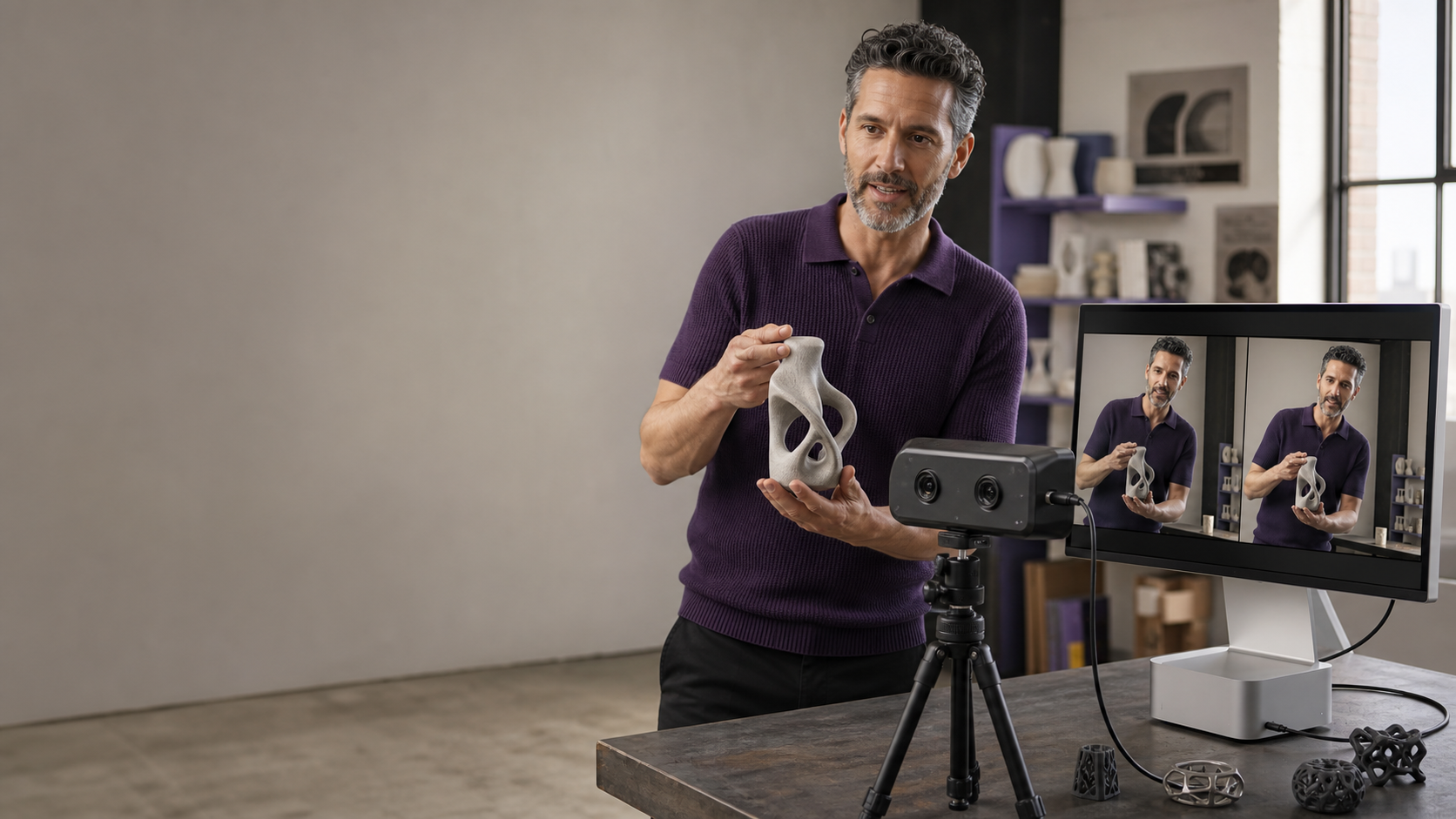 A 3D creator using a dual-lens stereo camera with a Mac mini and side-by-side preview.