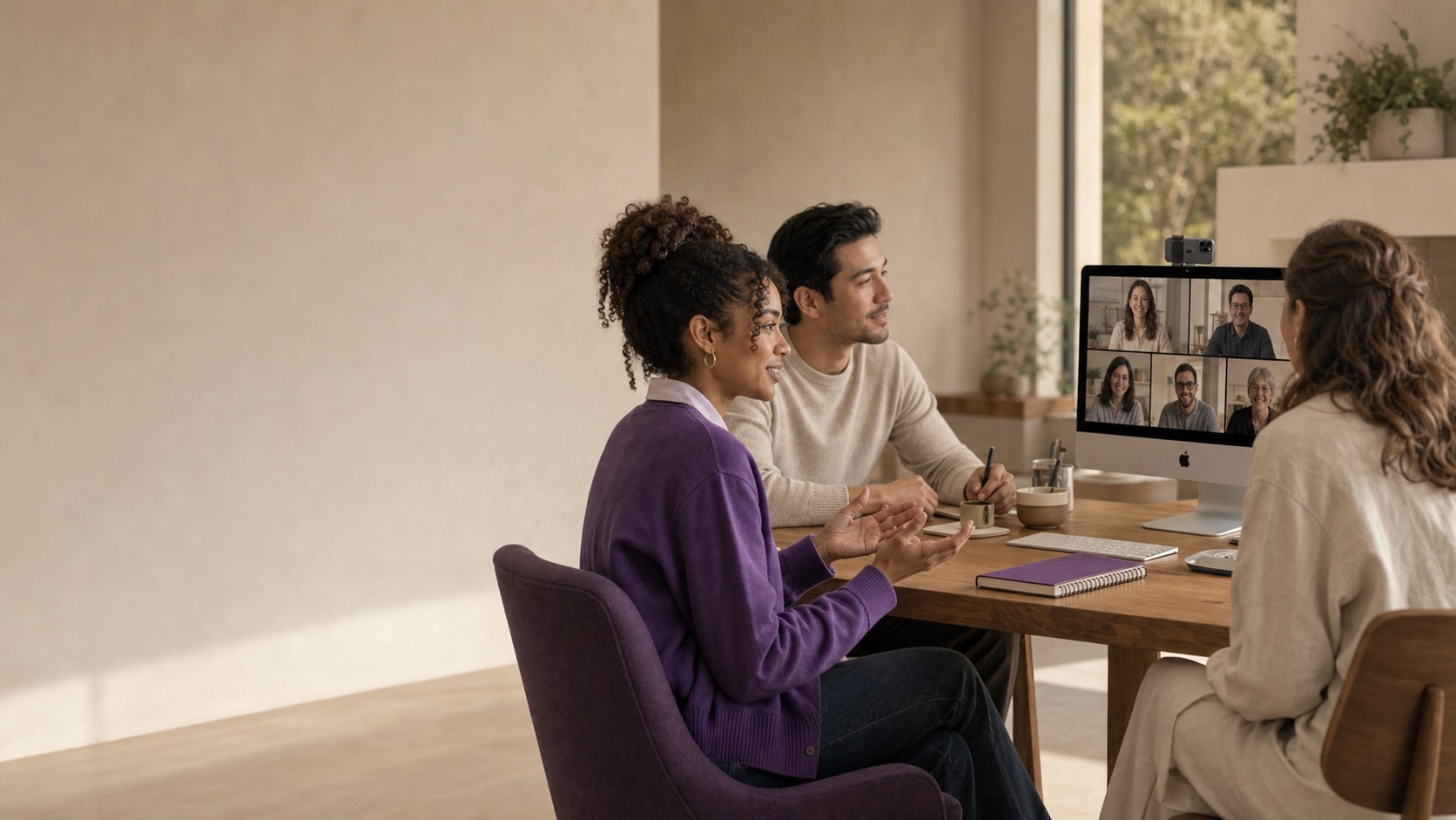 Three colleagues in a warm studio join a work video meeting on an iMac with an external webcam.