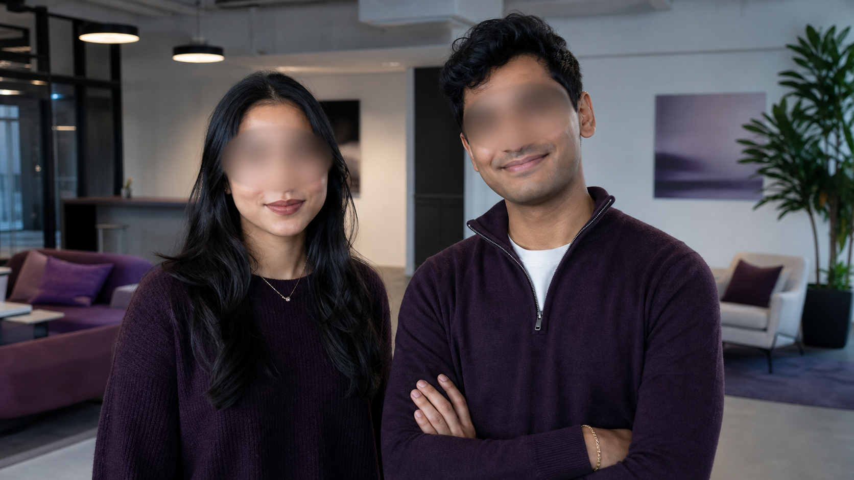 Two people using PEEKin Face Privacy Blur over their eyes and noses