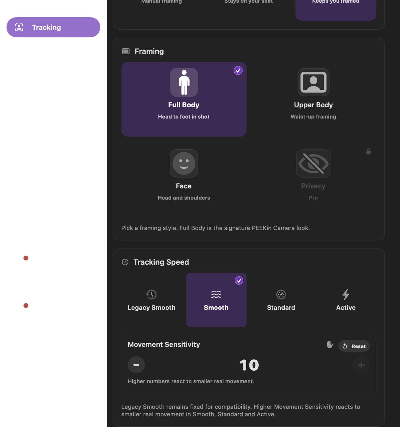The genuine PEEKin Tracking screen with Follow, Full Body and Smooth selected.